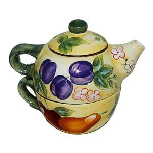 Vintage Fruit Hand-Painted Stackable Ceramic Tea For One Teapot & Cup Set